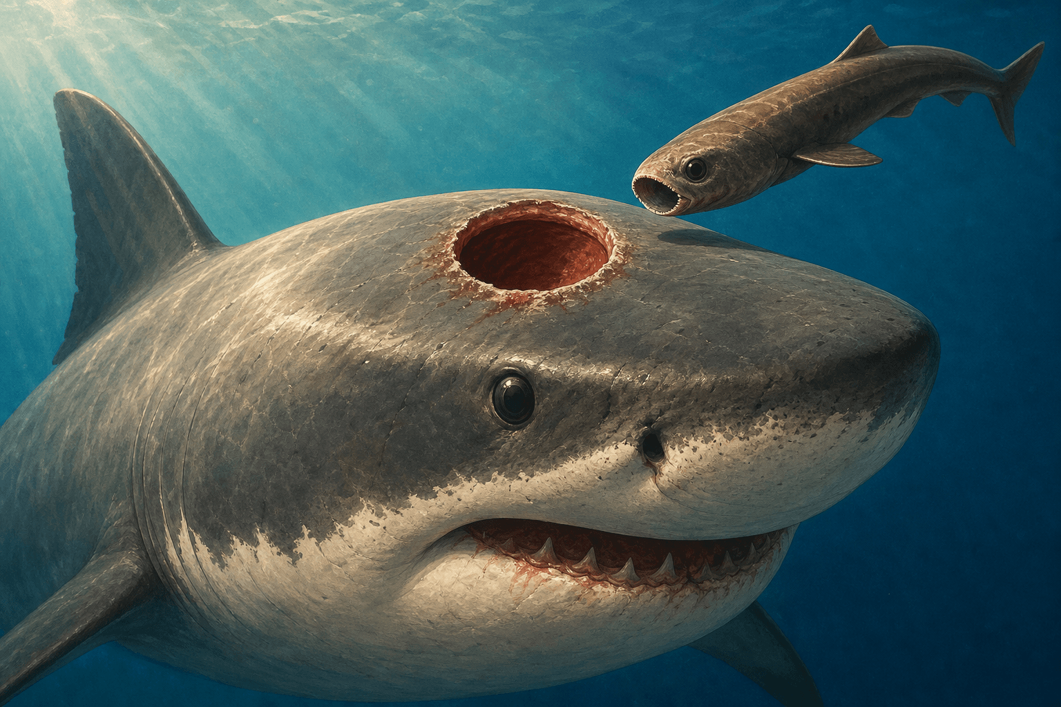 Tiny Shark Leaves a Perfect Hole in a Great White's Head